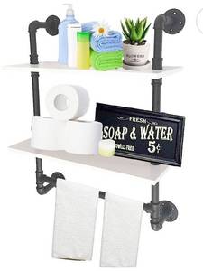 lot 55858 image: LoftPaipes Industrial Pipe Bathroom Shelf,White Rustic Wood Wall Mount Shelf with Towel Bar,24 Black Matte Towel Racks,2 Tiered Metal Floating Shelves Shelving Iron Towel Holder (Retail $63.88)