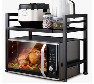 lot 55863 image: DOLALIKE Microwave Oven Rack, Expandable Microwave Stand Countertop Kitchen Utensils Tableware Storage, Carbon Steel Over Microwave Shelf Countertop with 3 Hooks (2 Tier(17IN)) (Retail $25.99)