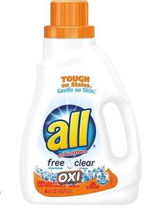 lot 55879 image: all Liquid Laundry Detergent with OXI Stain Removers and Whiteners, Free Clear, 46.5 Fluid Ounces, 26 Loads (Retail $20.00)