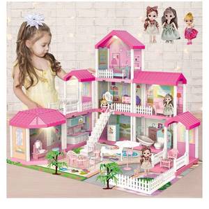 lot 55881 image: Dollhouse Dreamhouse Building Toy Set with 5 Lights,3 Dolls& 2 Pets Princess Doll House and Furniture,Accessories,Stairway,Best STEM Pretend Play Toys for Girls Toddlers (Retail $54.99)