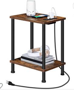 lot 55896 image: HOOBRO Side Table with Charging Station, End Table with USB Ports and Outlet, Nightstand with 2-Layer Storage Shelves for Small Spaces, Living Room, Bedroom, Stable Frame, Rustic Brown BF09UBZ01 (Retail $32.99)