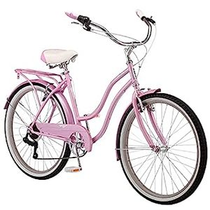 lot 55903 image: Schwinn Perla Womens Cruiser Bicycle, Featuring 18-Inch Step-Through Steel Frame and 7-Speed Drivetrain with Front and Rear Fenders, Rear Rack, and 26-Inch Wheels, Pink (B06XXC8WTT) (Retail $374.98)