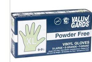 lot 55910 image: Valu Gards Powder Free Latex Free Vinyl Gloves XL 9-9.5 Pack 100 Per Pack (2 boxes) (Retail $19.99)