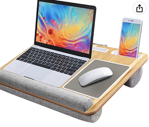 lot 55900 image: Lap Desk - Fits up to 17 inches Laptop Desk, Built in Mouse Pad & Wrist Pad for Notebook, MacBook, Tablet, Laptop Stand with Tablet, Pen & Phone Holder (Wood Grain) (Retail $49.99)