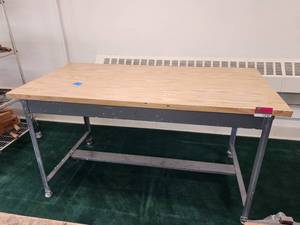 lot 12783 image: Wooden Table Workstation W Steel Base