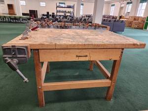 lot 12784 image: Wooden Table Workstation W Clamps