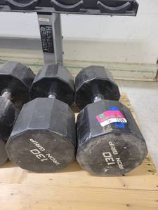 lot 1349 image: Pair of 130lb Iron Grip Rubber Coated Hex Dumbbells
