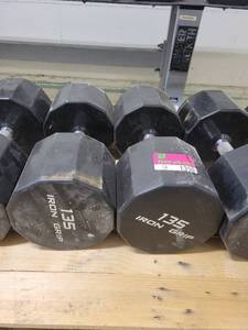 lot 1350 image: Pair of 135lb Iron Grip Rubber Coated Hex Dumbbells