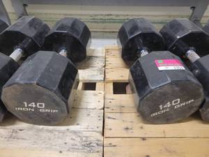 lot 1351 image: Pair of 140lb Iron Grip Rubber Coated Dumbbells