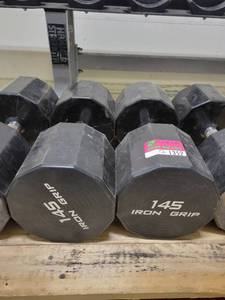 lot 1352 image: Pair of 145lb Iron Grip Rubber Coated Dumbbells