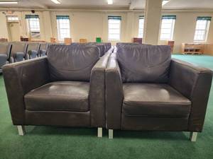 lot 12903 image: Lot of 2 Faux Leather Lounge Chairs W Steel Legs