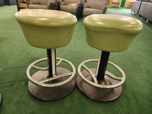 lot 12908 image: Lot of 2 Olive Green Cushioned Barstools W Steel Base