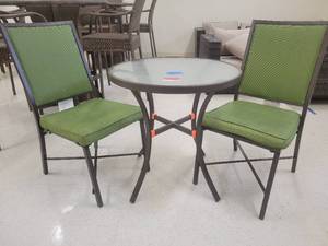 lot 1454 image: 28in Patio Table W Glass Top and 2 Green Outdoor Chairs&nbsp