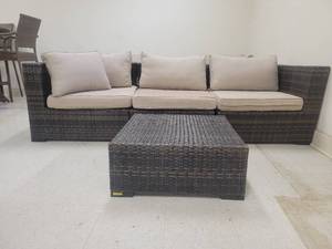 lot 1456 image: 95in Outdoor Wicker Couch W a Wicker Coffee Table&nbsp