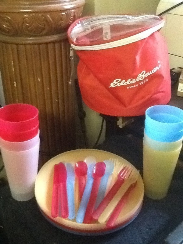 lot 1419 image: Eight piece set of outdoor plastic plates cups and flatware very nice with carrying case missing one fork very nice set heavy duty