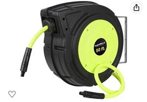 lot 38757 image: Flexzilla Retractable Enclosed Plastic Air Hose Reel, 38 in. x 50 ft., Heavy Duty, Lightweight, Hybrid, ZillaGreen - L8250FZ