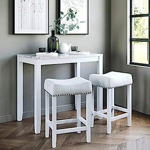 lot 5881 image: Nathan James Viktor 3 Piece Dining Set, Heigh Kitchen Counter Pub or Breakfast Table with Marble Top and Fabric Wood Base Seat, Light GrayWhite (B07J24V144)-Retail $237.99
