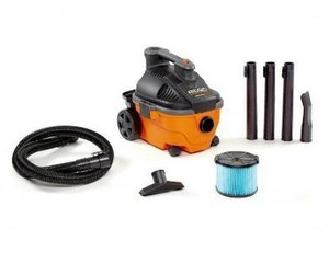 lot 2765 image: RIDGID 4 Gallon 5.0 Peak HP Portable WetDry Shop Vacuum with Fine Dust Filter, Locking Hose and Accessories, OrangesPeaches