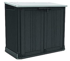 lot 2770 image: Keter Store-It-Out Prime 4.3 x 2.3 Foot Resin Outdoor Storage Shed with Easy Lift Hinges, Perfect for Trash Cans, Yard Tools, and Pool Toys, Black (B094YLXCY4)-Retail $259.00