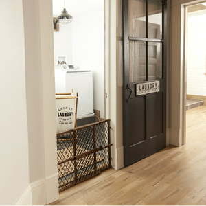 lot 2802 image: Evenflo Position & Lock Adjustable Wood Baby Gate Pressure-Mounted Locking Latch For Use with Infants Toddlers & Pets 26 -42 Farmhouse Brown