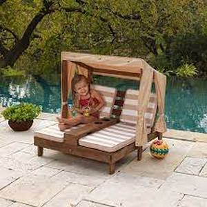 lot 1085 image: KidKraft Wooden Outdoor Double Chaise Lounge with Cup Holders, Patio Furniture for Kids or Pets, Espresso with Oatmeal and White Striped Fabric