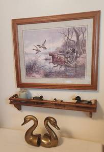 lot 1004 image: Framed Artwork Vicente Rosa Dogs Chasing Mallard Ducks 23 x 19, Brass Swan Bookends, 24 Shelf, Candle and 3 Wood Ducks