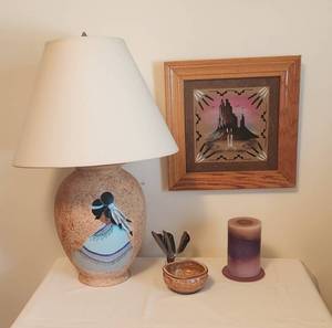 lot 1005 image: Native American Decor - Sand Picture 16 x 16 - Pottery Lamp and Bowl -- Brass Pitcher and Feathers - Candle with Glass Plate
