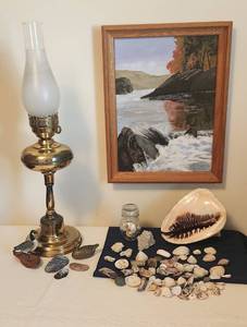 lot 1006 image: Landscape Painting 14 x 18 - Hurricane Brass Lamp 24.5 Tall - Wood Duck - Shells - Brass Duck - Quartz Crystal