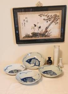 lot 1007 image: Vintage Asian Decor - Embroidered Silk 19 x 13 (water stain on silk) - 4 Bowls - 2 Vases - Candle