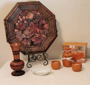 lot 1008 image: Octagonal 16 Wood Decor on Metal Stand - Wood 9 Engraved Vase - Vintage Oremont Bavarian Porcelain Dish - 3 Piece Candle Set