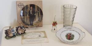 lot 1017 image: Collector Plate RHETT Fine China with certificate - Glass Vase 9 - Bell 24% Full Lead Crystal - Vintage Oval Bowl 9.5 x 6.25 Reticulated Courting Couple - 2 Vintage Figurines, Old Couple Sitting with Young Girl & Boy 4 Tall