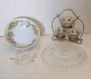 lot 1018 image: Vintage Three Crown China Serving Bowl 10 Dia. Germany - Glass Platter 11 Dia - Mikasa Golden Dove Candy Dish 6.5 - Vintage Gold Leaf Glass Condiment Set with Stand.  See Pictures.