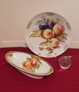 lot 1020 image: Vintage Saxony Decor Plate with Plums & Peaches 9.75 - Vintage Porcelain Oval Relish Dish BT Co. - Burley and Tyrel numbered made in Germany 11.5 - Crystal Apple