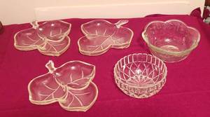 lot 1021 image: 3 Vintage 3 Part Leaf Shape RelishCandy Dish - One 5 Glass Dish - One 6.5 Glass Dish