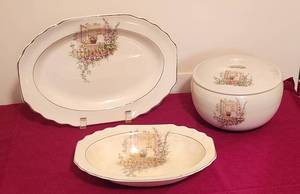 lot 1022 image: Vintage Coors Thermo Porcelain Dish Bowl with lid - open, Window Pattern - Vintage Lido W.S. George Canary Tone Relish Dish 9 and Oval Platter 13