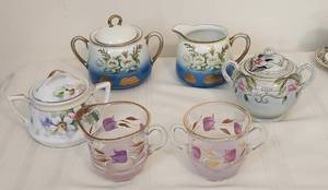 lot 1028 image: Sugar Bowl and Creamer Hand Painted Jonroth Studio Germany - Gold Rimmed Creamer and Sugar Bowl - Sugar Bowl hand painted Nippon - Gold Rim Sugar Bowl Japan