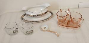 lot 1029 image: Vintage Gravy Boat with attached saucer Johnson Bros. - Noritake Hand Painted Condiment Ladle - Vintage Pink Art Deco Cream and Sugar Set with Tray 7 x 5 - Glass 25th Anniversary Cream and Sugar Set