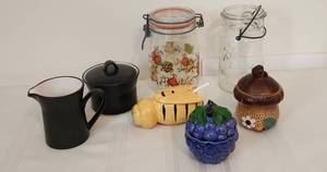 lot 1030 image: Mikasa Sugar and Creamer Set from 1970s - 3 Honey Pots, Bee, Mushroom and Grape - Vintage Quart Ball Jar - Vintage France 1 Liter Glass Canister Jar