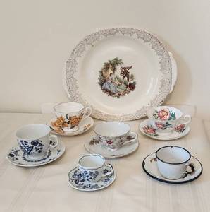 lot 1071 image: 6 Sets Cups and Saucers - 1 American Limoges Serving Platter 13 34 (has small chip on edge) See Pictures - 1 Enamel Cup and Saucer