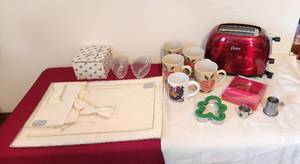 lot 1074 image: 2 pc Lead Crystal SpoonFork Holder Princess House - Place Mats and Napkins (new) - Oster Toaster Model TSSTIRJB22 - 5 Cups - Cookie Cutters - 2 Deco Cups (1 is pewter)