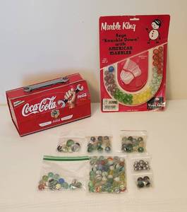 lot 1108 image: Vintage Marbles - Marble King Kit - Coca Cola Metal Toolbox (small dent on bottom, see Pics)