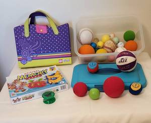 lot 1110 image: Friends Lego Case - Memory Game - Variety of Balls - Yoyo and Tote Included
