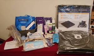 lot 1118 image: Home Medical Supplies- Cushion 18x16x3 - Back Cushion wLumbar Support 16x17 - Disposable Underwear XL - Grab Bar - Personal Hygeine Supplies