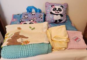 lot 1123 image: Children Panda Sleeping Bag wPillow & Tote bag - Green Handmade Blanket 36x48 - Thermal Blanket - 2 Handmade Baby Blankets