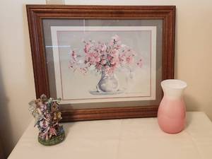 lot 1134 image: Vintage Framed Rosalind Oesterle Floral Still Life Watercolor Print 23x19.5 in frame - 8 Glass Vase - 7 Musical Figurine Welcome To My World