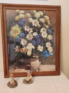 lot 1135 image: Vintage Print Framed Daisies and Cornflowers by Rudolph Colao 18x20 - 2 Goebel Figurines, Natures Prayer and Silent Prayers