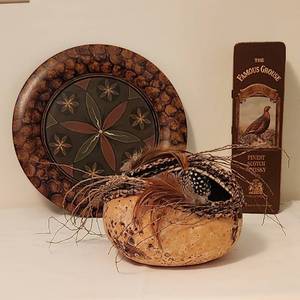 lot 1139 image: 13 Painting on Wood - Gourd Bowl wFeathers & Stems - Scotch Whiskey Tin The Famous Grouse 12.5 x 3.75