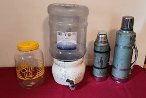 lot 1150 image: Water Dispenser Crock with a 3-gallon Refillable Plastic Bottle - 2 Stanley Thermos, 1 quart, 2 quart - Glass 1 gallon Sun Tea Dispenser