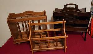 lot 1159 image: 3 Wood Magazine Racks - Dark Brown one is Vintage