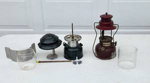 lot 2002 image: Vintage American Gas Co. Lantern - Fuel Tank has been patched - Coleman Lantern parts Model 288A700 - 2 Glass Globes